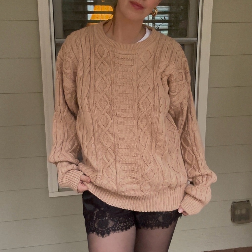 Vintage 90s Cable Knit Cotton Sweater | Oversized Chunky Pullover L | Grannycore